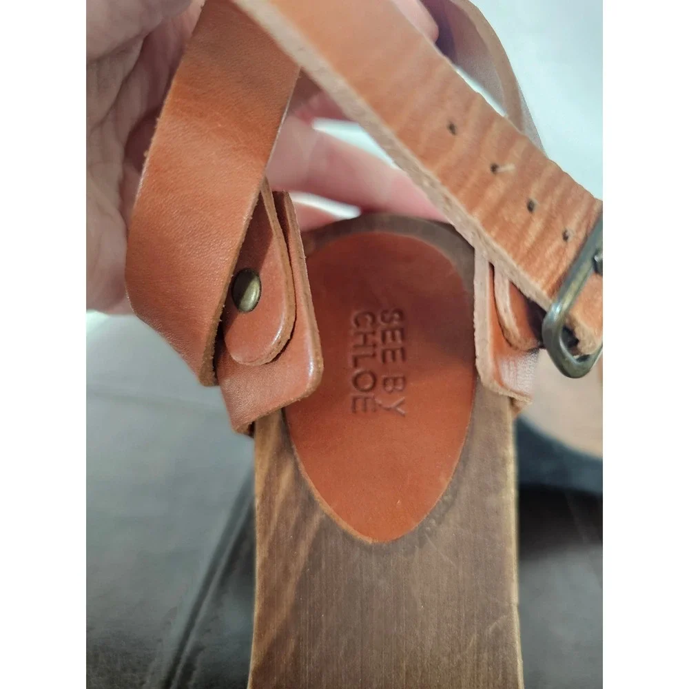 See by Chloe Ancle Wrap RivetLeather Brown Wooden Wedges Sandals sz EU 39 US 8.5